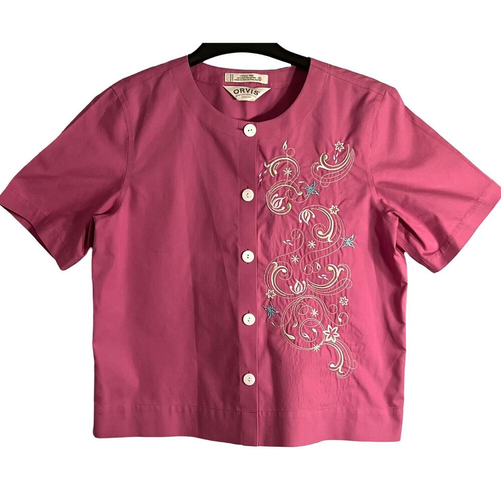 Orvis Womens Blouse Small Pink Embroidered Round Neck Short Sleeve Button Up